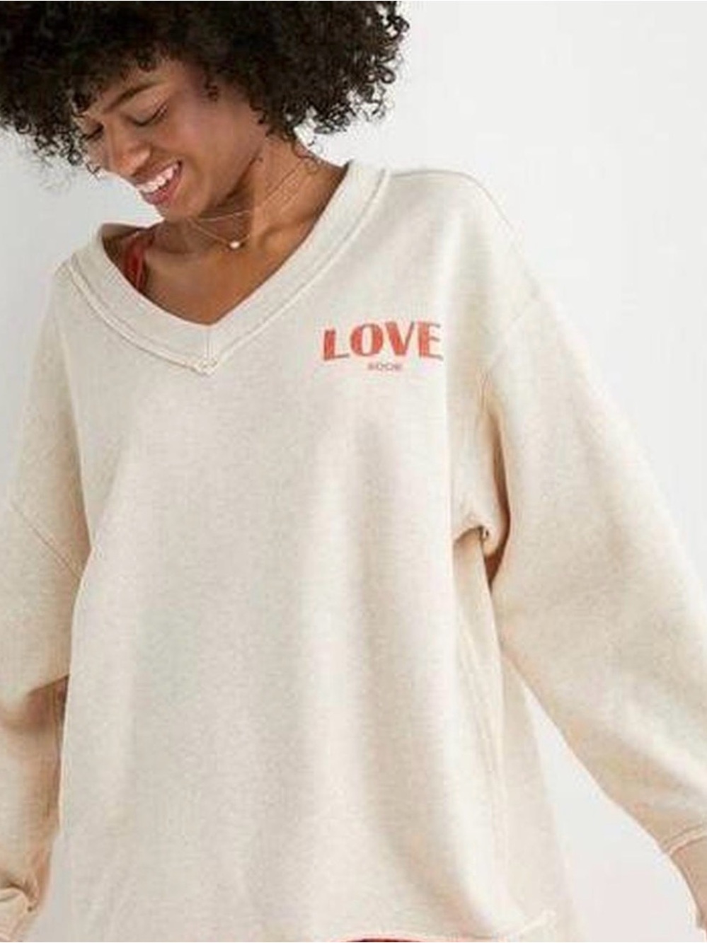 Aerie Oversized V-Neck Sweatshirt Love This Moment Off The Shoulder Boxy Relaxed